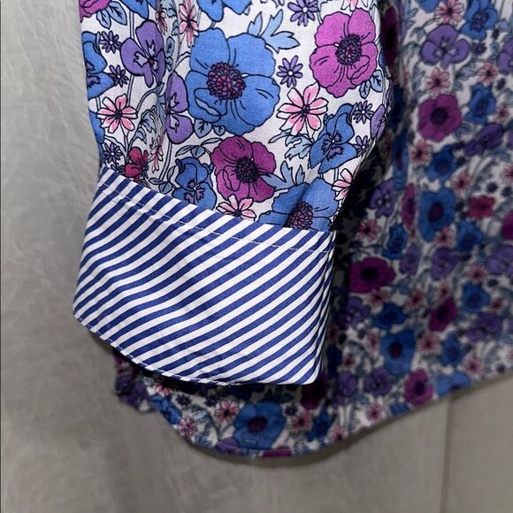 TALBOTS L White Blue Purple Poppy Ditsy Long Sleeve Modern Classic Cotton Shirt - Picture 10 of 15